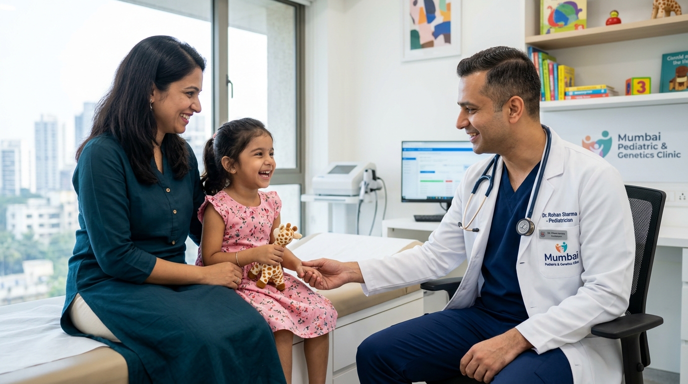 Dr. Tanmay Deshpande MD Pediatrics consulting happy mother and child at The NxGen Clinic Prabhadevi
